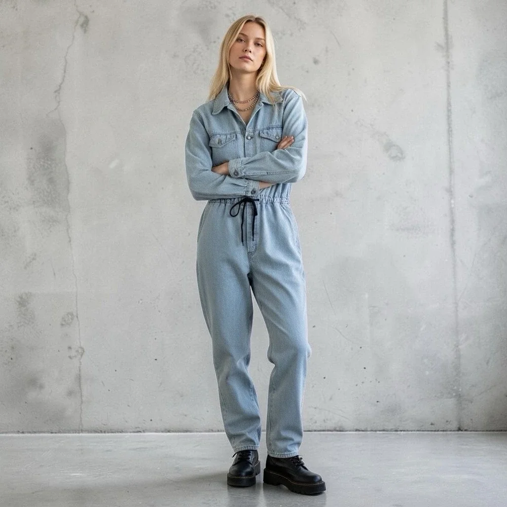 Vintage 90s Chambray Utility Jumpsuit L Cinched Waist Workwear Minimalist Button